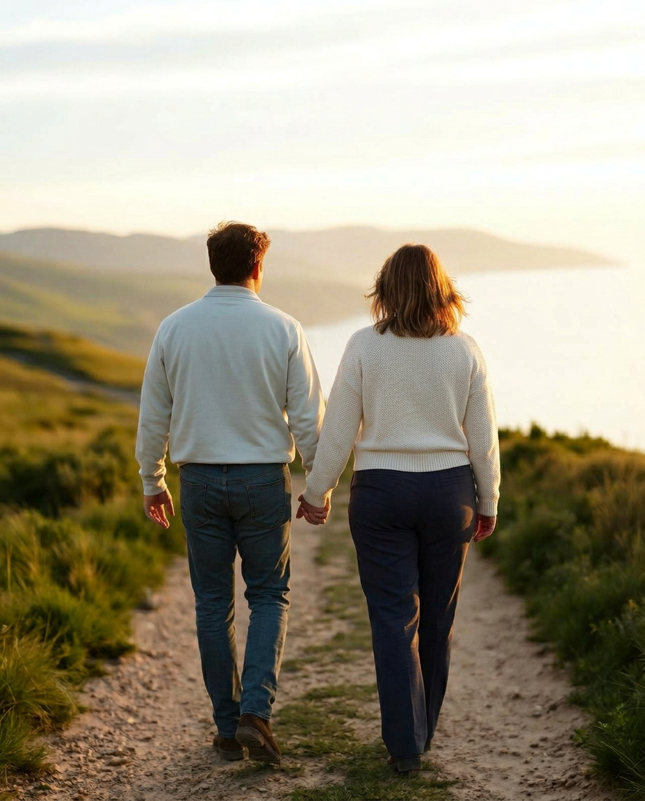 A man and woman walking together along a coastal countryside path at golden hour